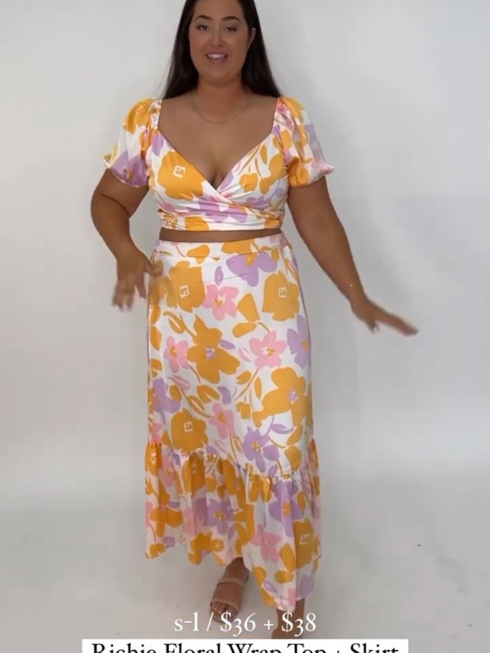 Floral Ruffle Hem Midi Skirt and Wrap Top- Pink, Orange & Lavender - Picture 8 of 8